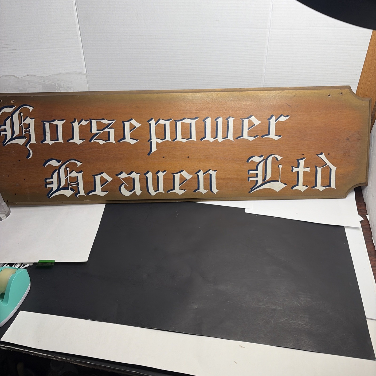 vintage Hand painted Wooden Sign Horsepower Heaven Ltd Old English Gothic 40”