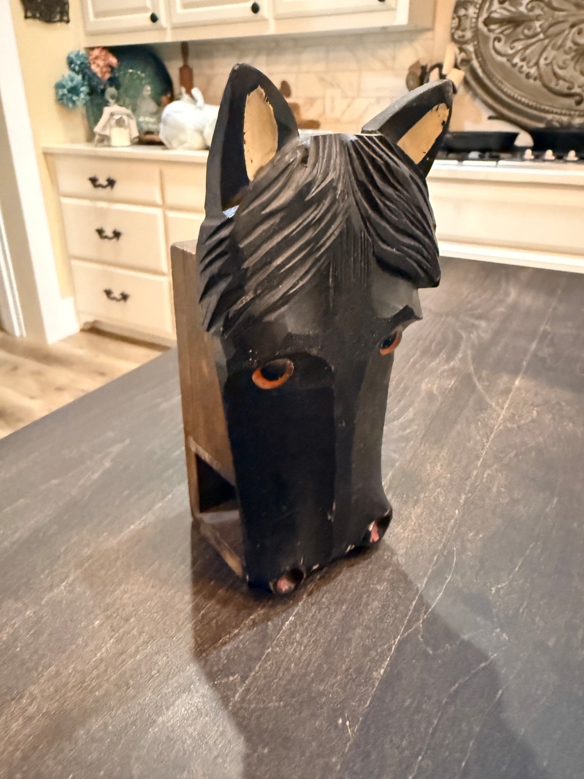 Vintage Hand Carved Wood Horse Head Wall Pocket Holder Black Glass Eyes 7.5 in