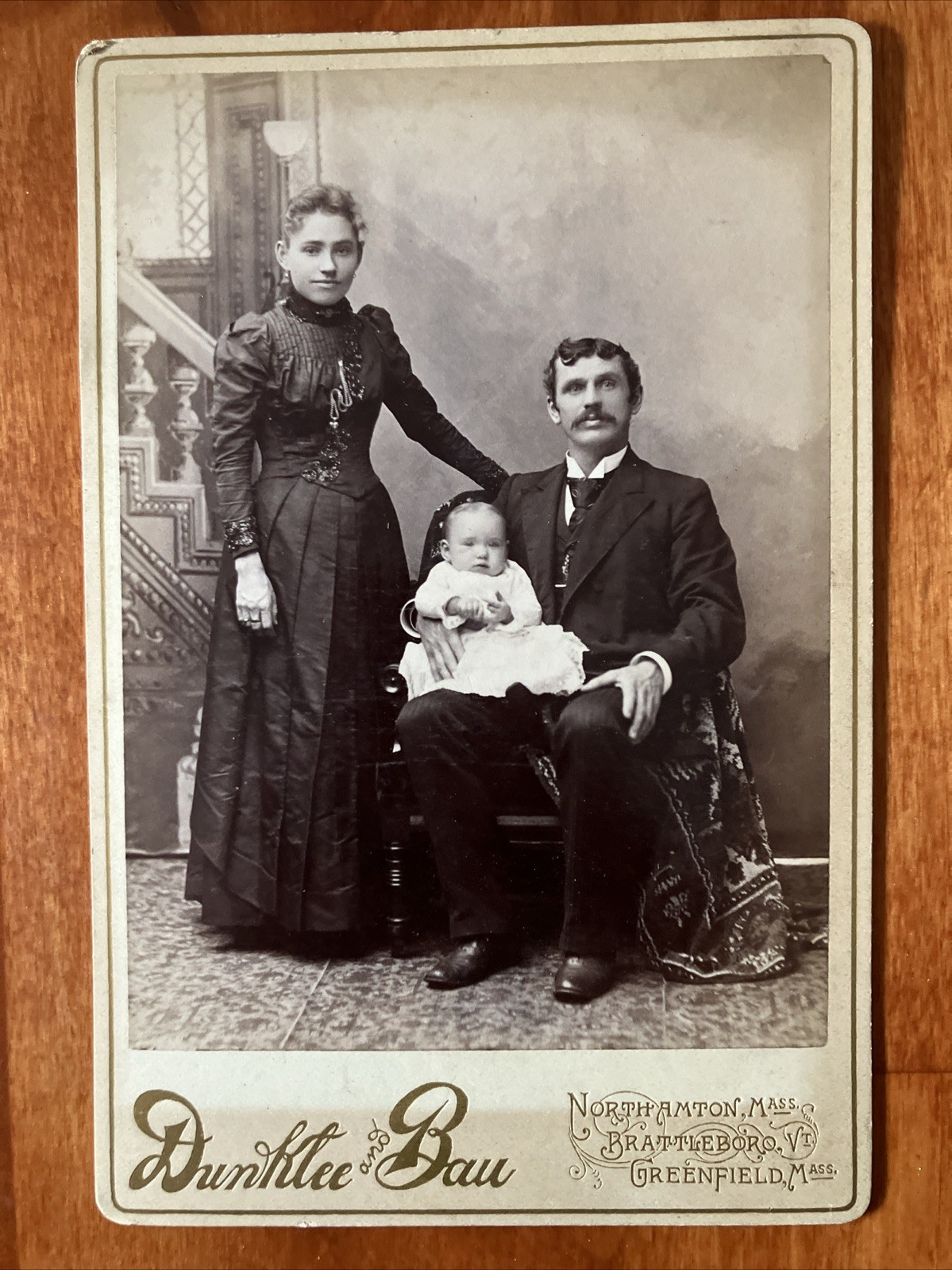 Family of 3 Baby Studio Cabinet Card Antique Photo Nice Backstamp Dunklee MA