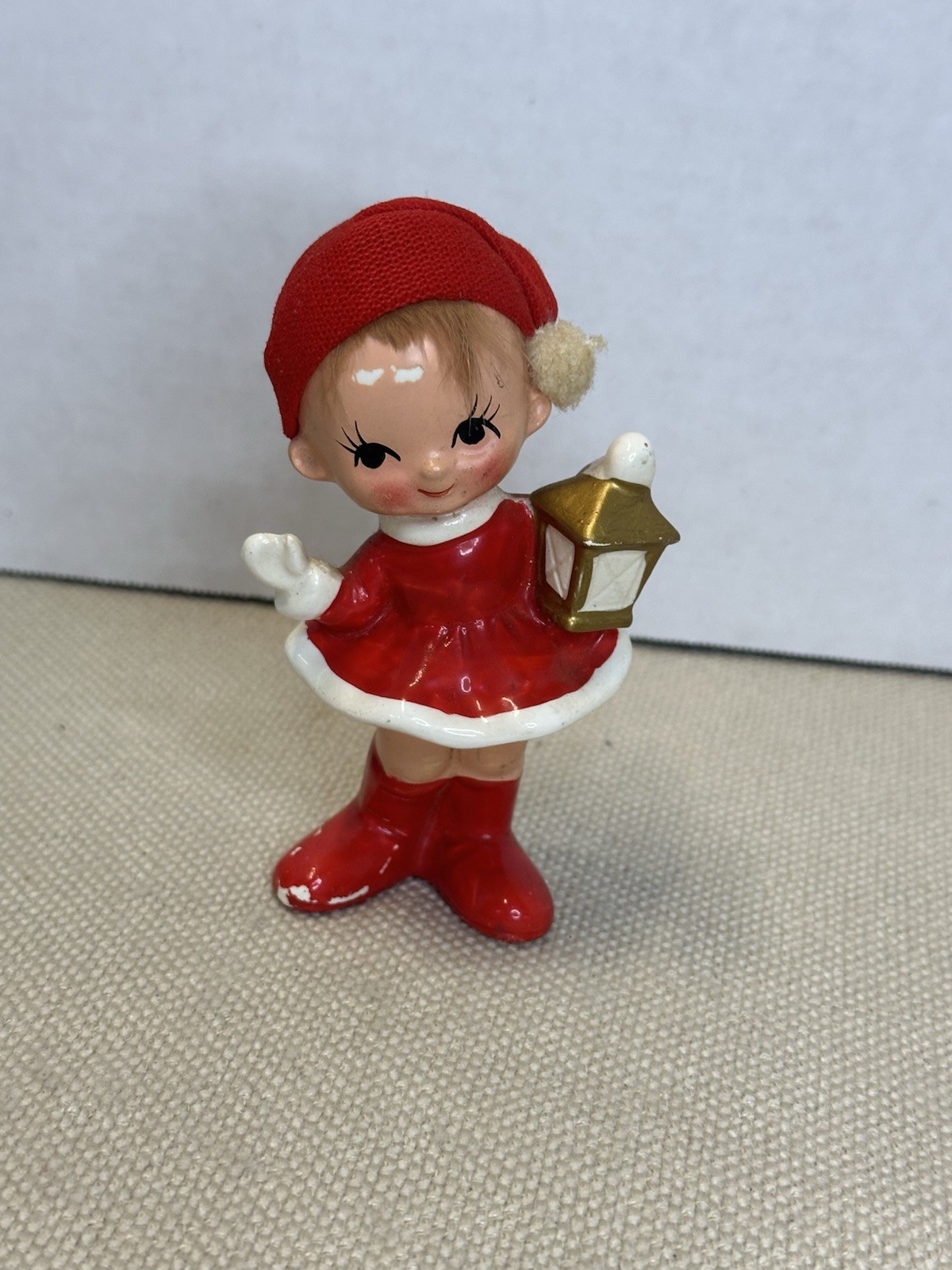 Vintage Japan Christmas Girl Figurine Red Hat Lantern Big Eyes Ceramic MCM