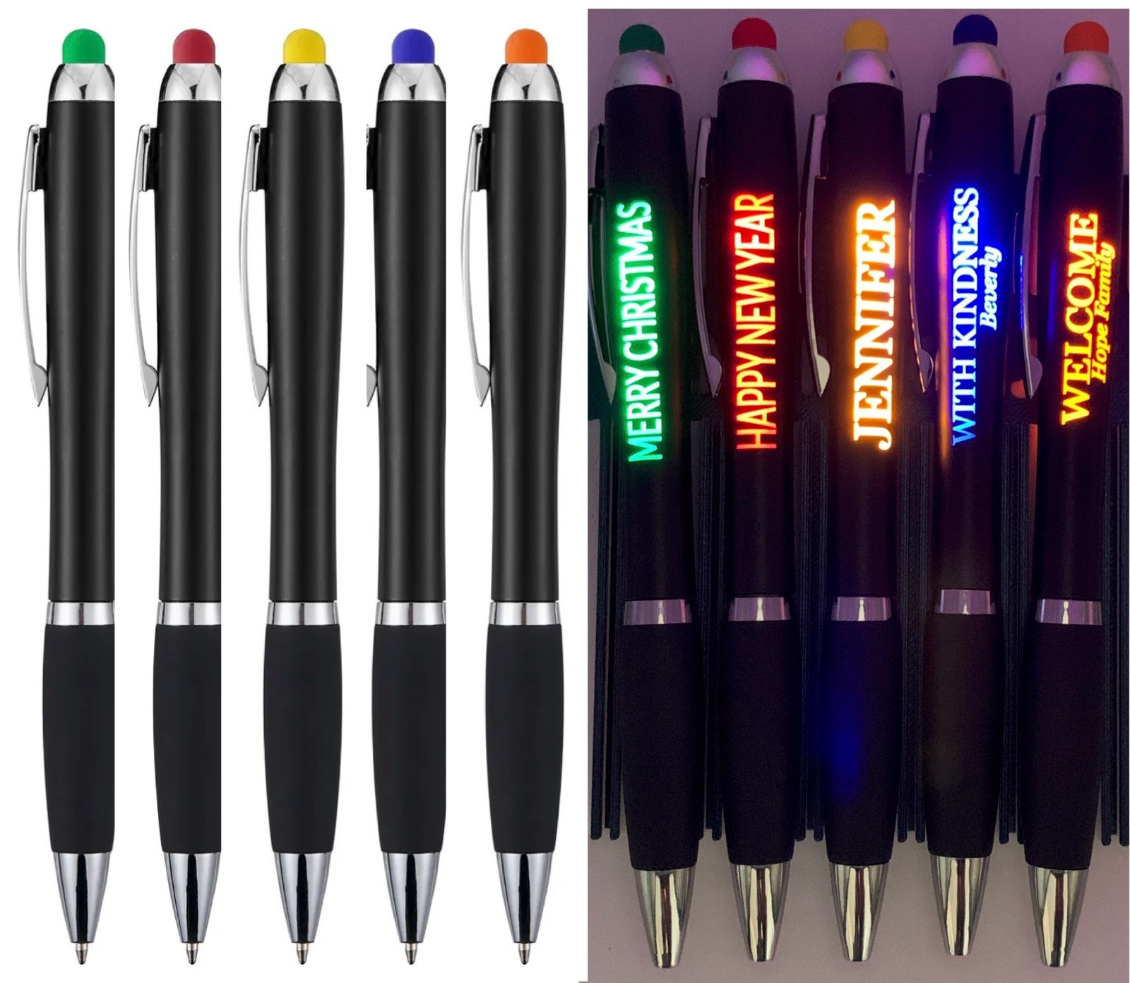 Personalized Ballpoint Pens 5 Pack Custom Engraved LED Light Up Stylus Bulk Gift