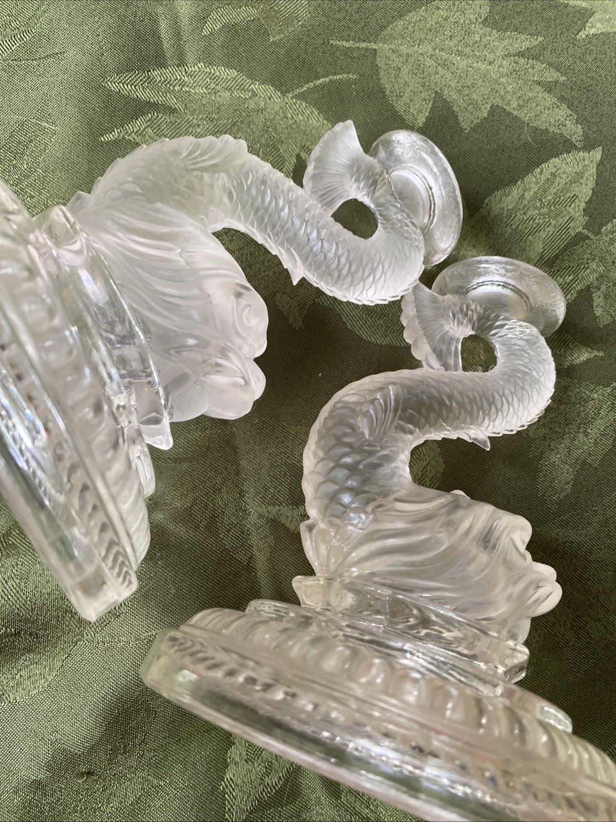 Vintage 2 Pc Nautical frosted glass Sea Serpent dolphin Kio candlesticks Heavy