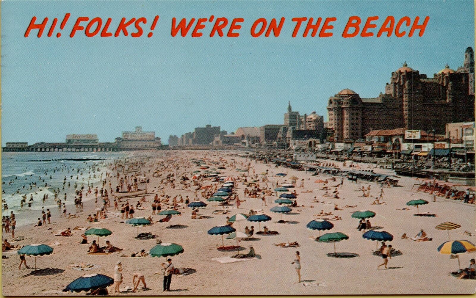 1962 Shoreline Sunbathers Hi Folks We're on Beach Atlantic City NJ Postcard D29