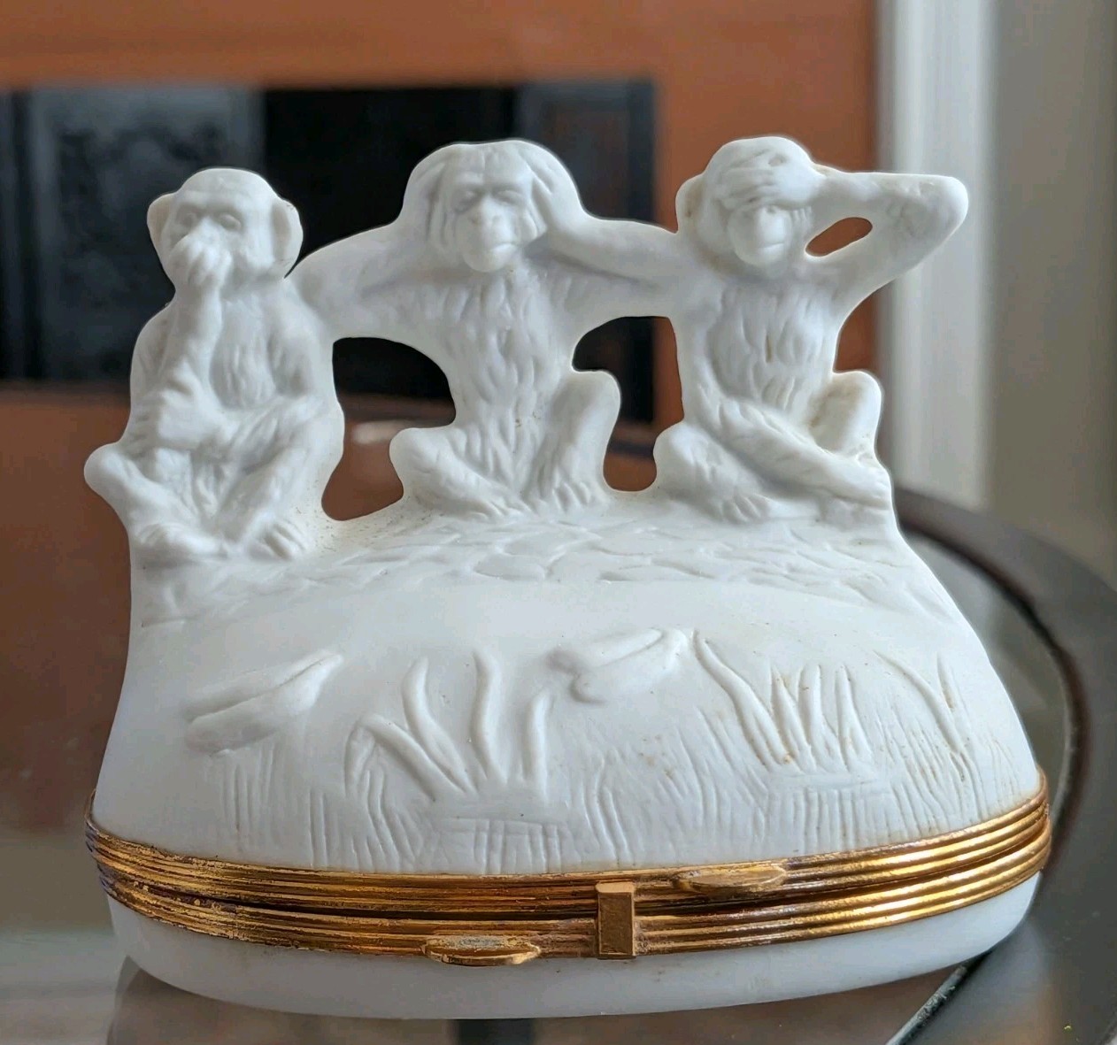 Vtg Limoges Trinket Box Monkey Speak No Hear See Evil Unpainted Bisque Art