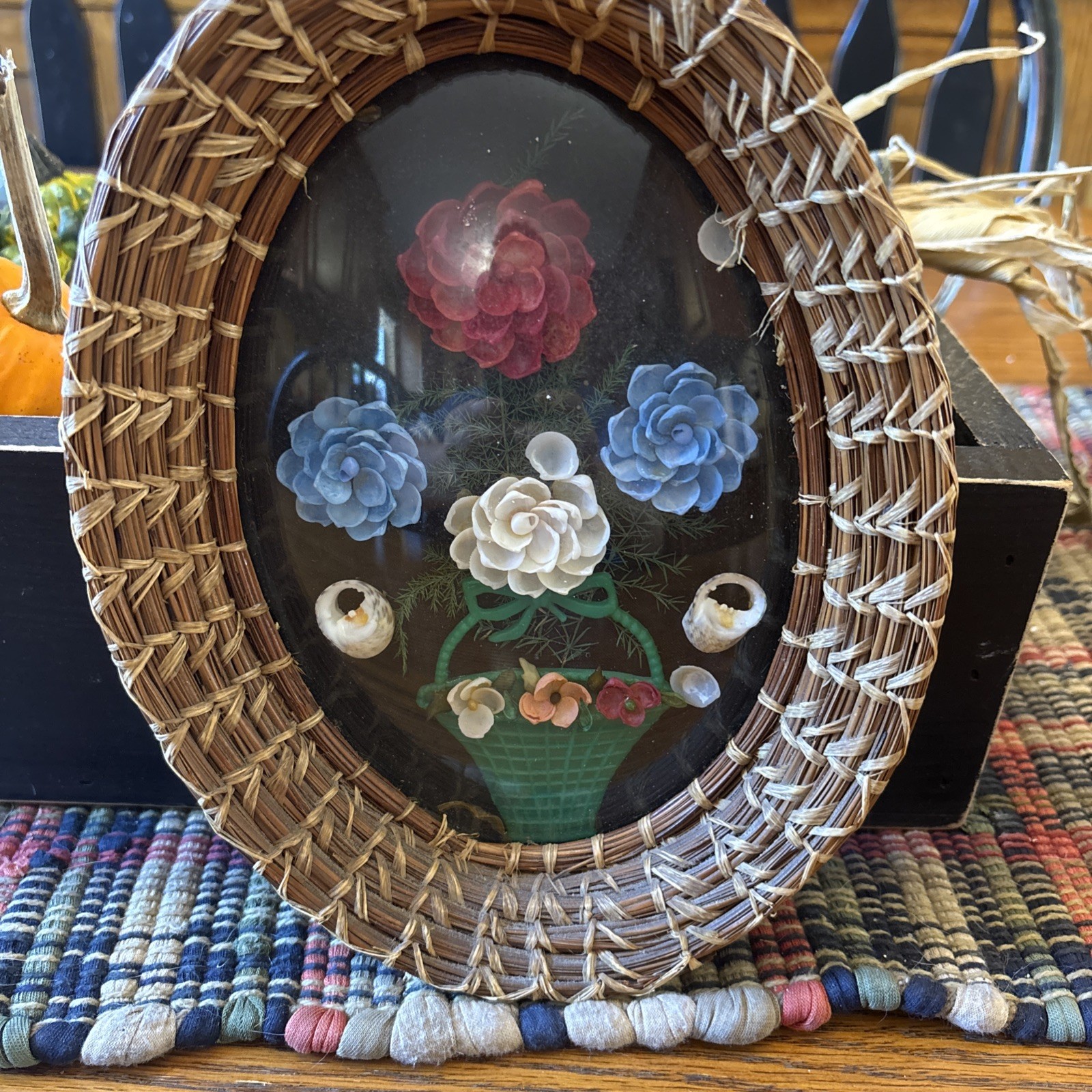 Vintage 1970s Shell Art Shadow Box Oval Wicker Frame Convex Glass Wall Decor 9x7 Vintage 1970s Shell Art Shadow Box Oval Wicker Frame Convex Glass Wall Decor 9x7