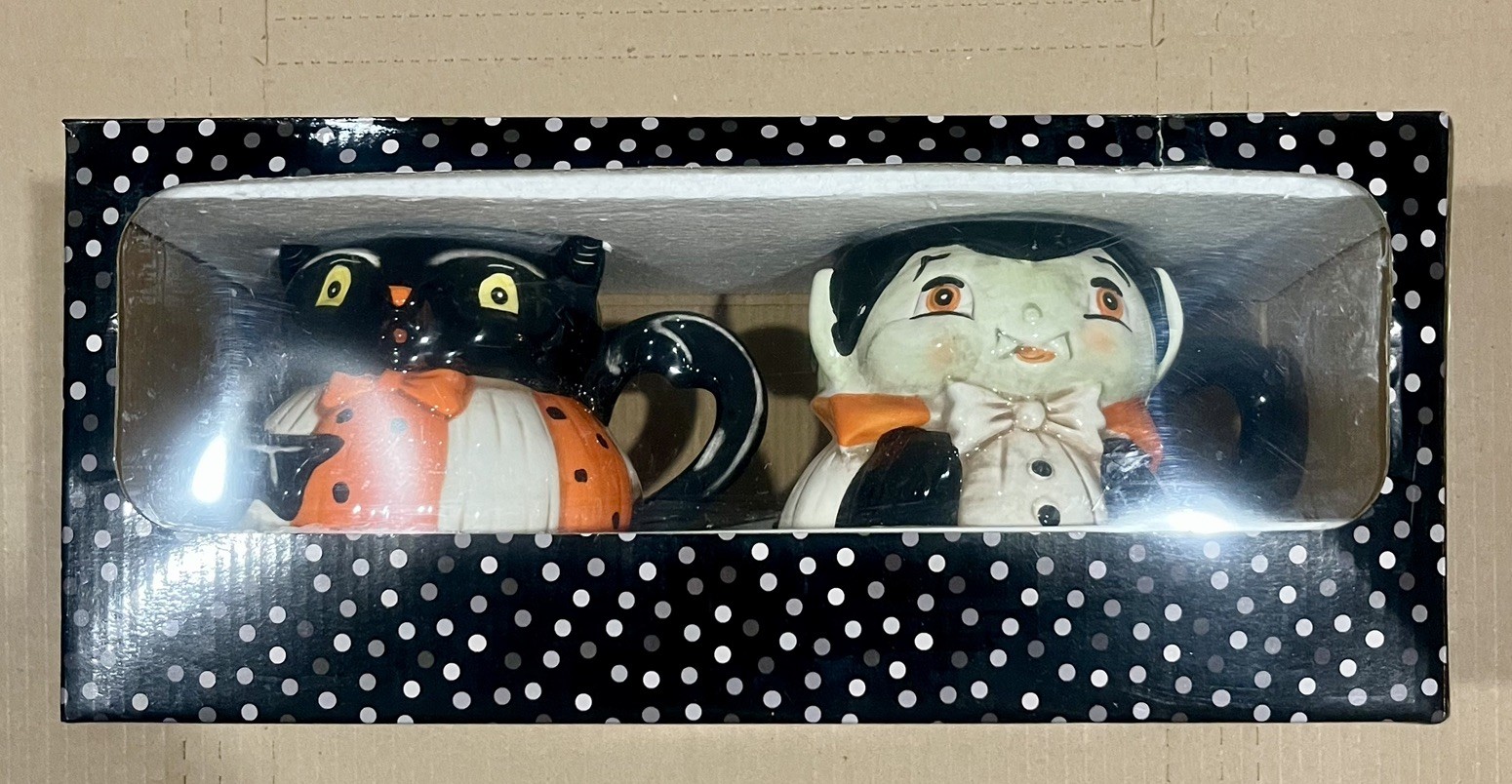 NIB Johanna Parker Vampire & Black Bat Pumpkin Peep Mug Set Halloween OG