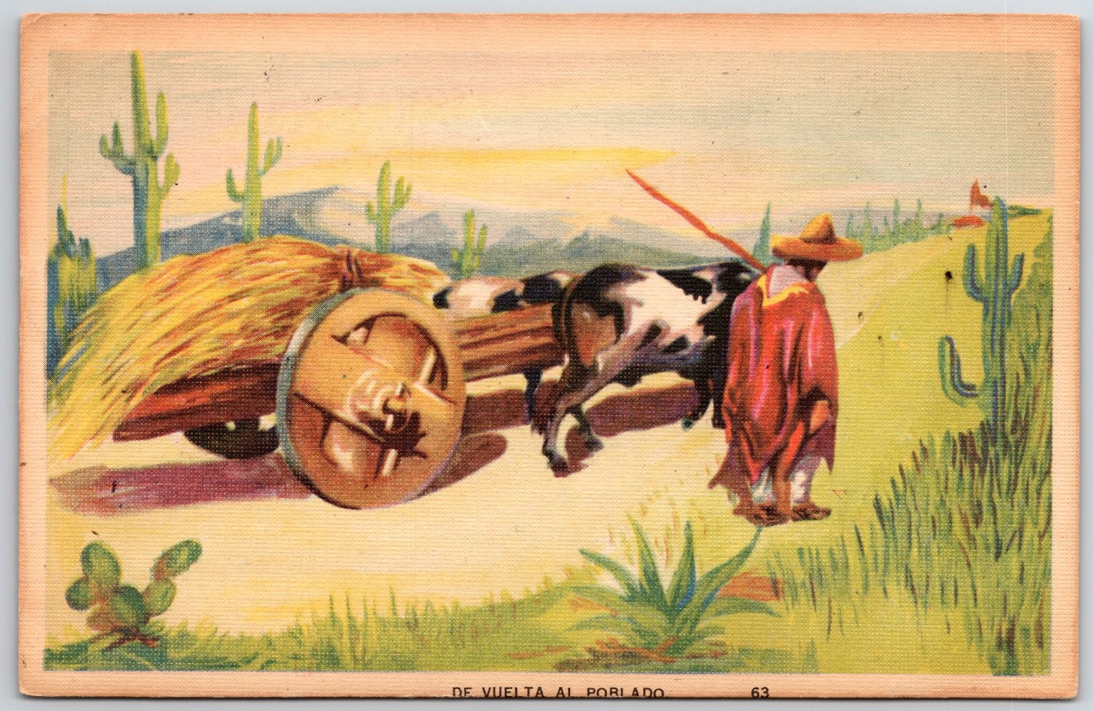 Mexican Desert Ox Cart Hay Harvest Linen Postcard Vintage Hecho en Japon Mexican Desert Ox Cart Hay Harvest Linen Postcard Vintage Hecho en Japon