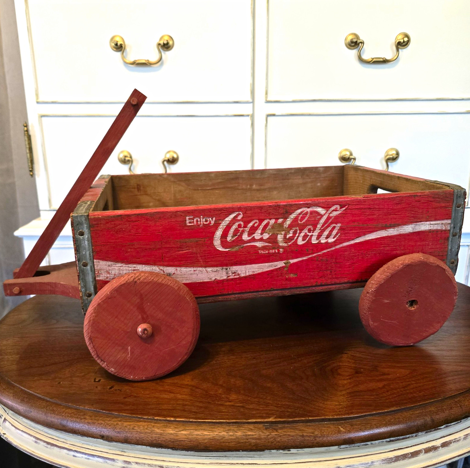Vintage Coca-Cola Wooden Bottle Carrier Caddy on Wheels Wagon Style Red/Brown