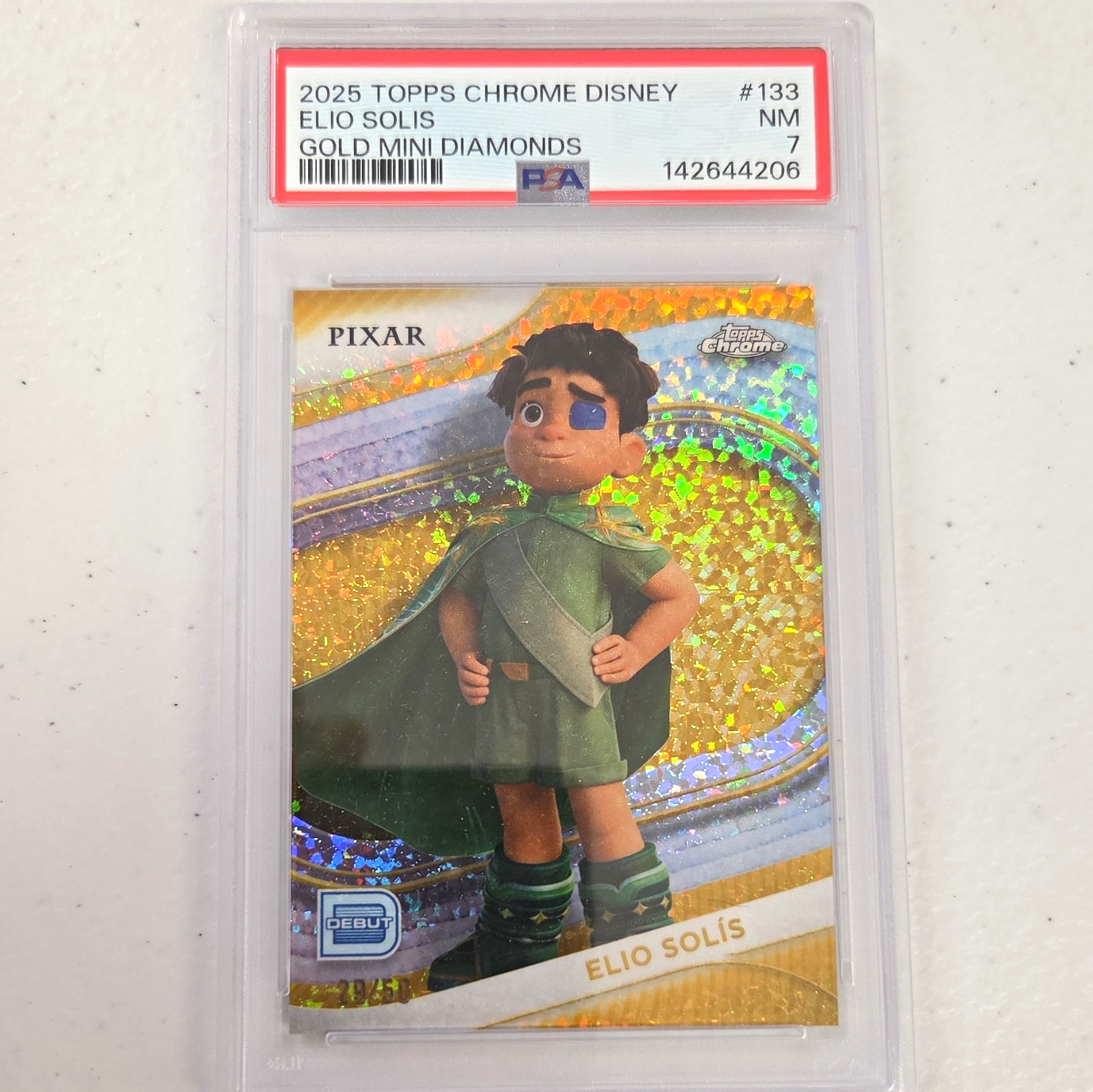 Topps 2025 Topps Chrome Disney Elio Solís Gold Mini Diamonds #133 PSA 7