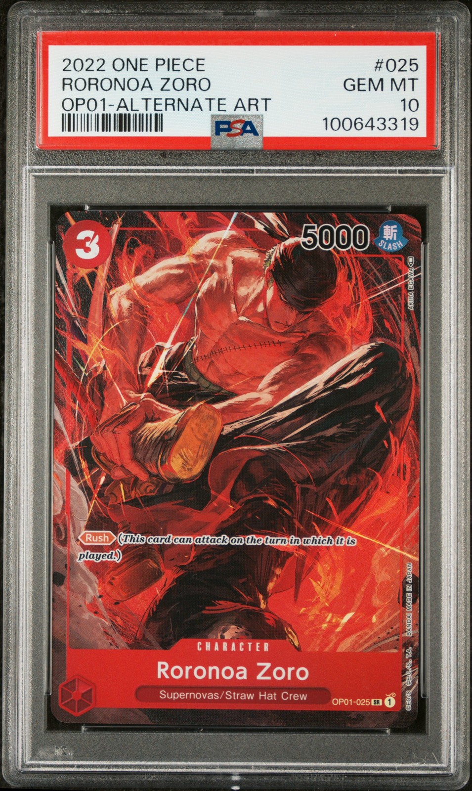 One Piece Romance Dawn #25 Roronoa Zoro [Alternate Art] OP01-025 PSA 10