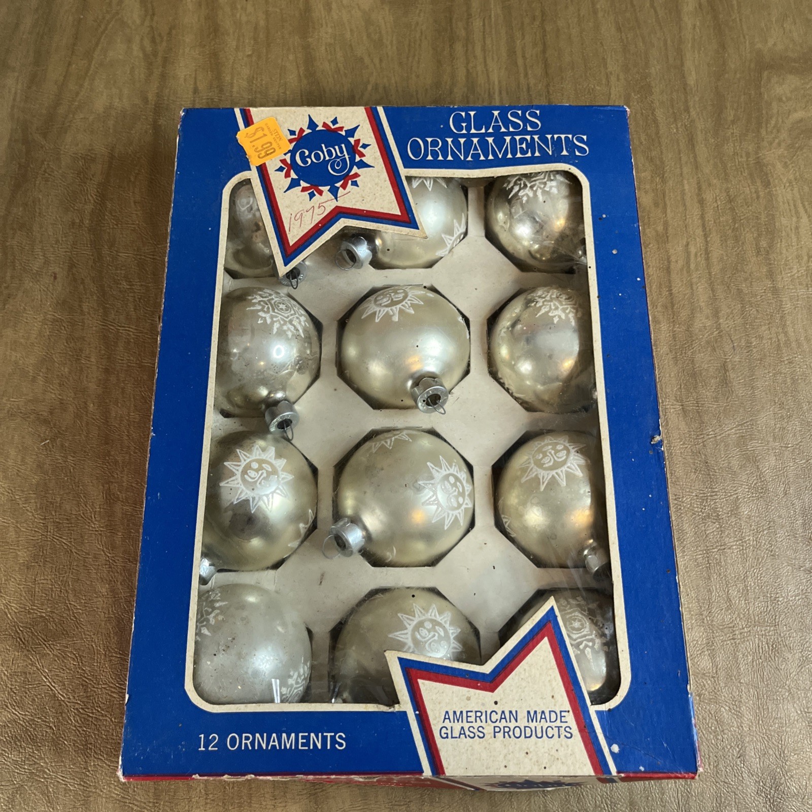 12 Vintage Coby Glass Stenciled Sun Snowflake Ornaments Silver Balls 2.5”