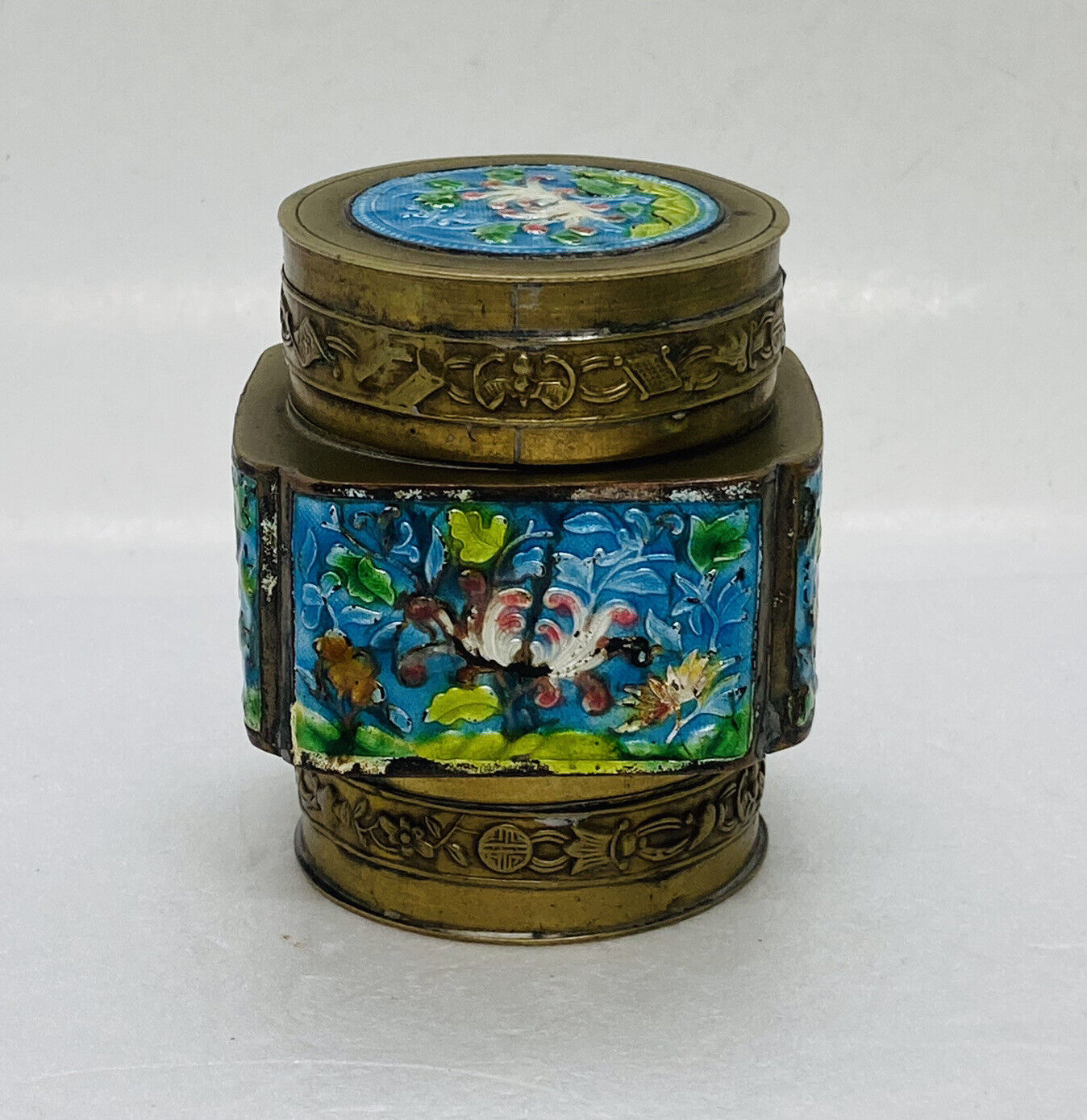 Vintage 1960s Chinese Brass Tra Jar Enamel Cloisonné Floral Art Unique Decor O