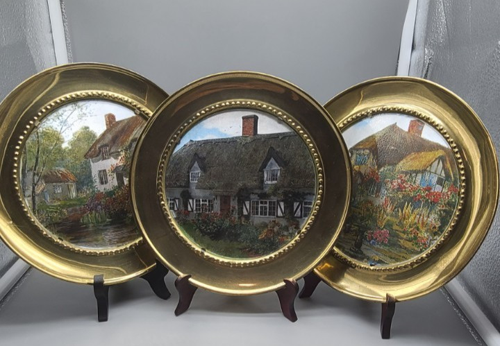 Set of 3 Vintage Wall Plaques Foil Art Images of English Cottages Set of 3 Vintage Wall Plaques Foil Art Images of English Cottages