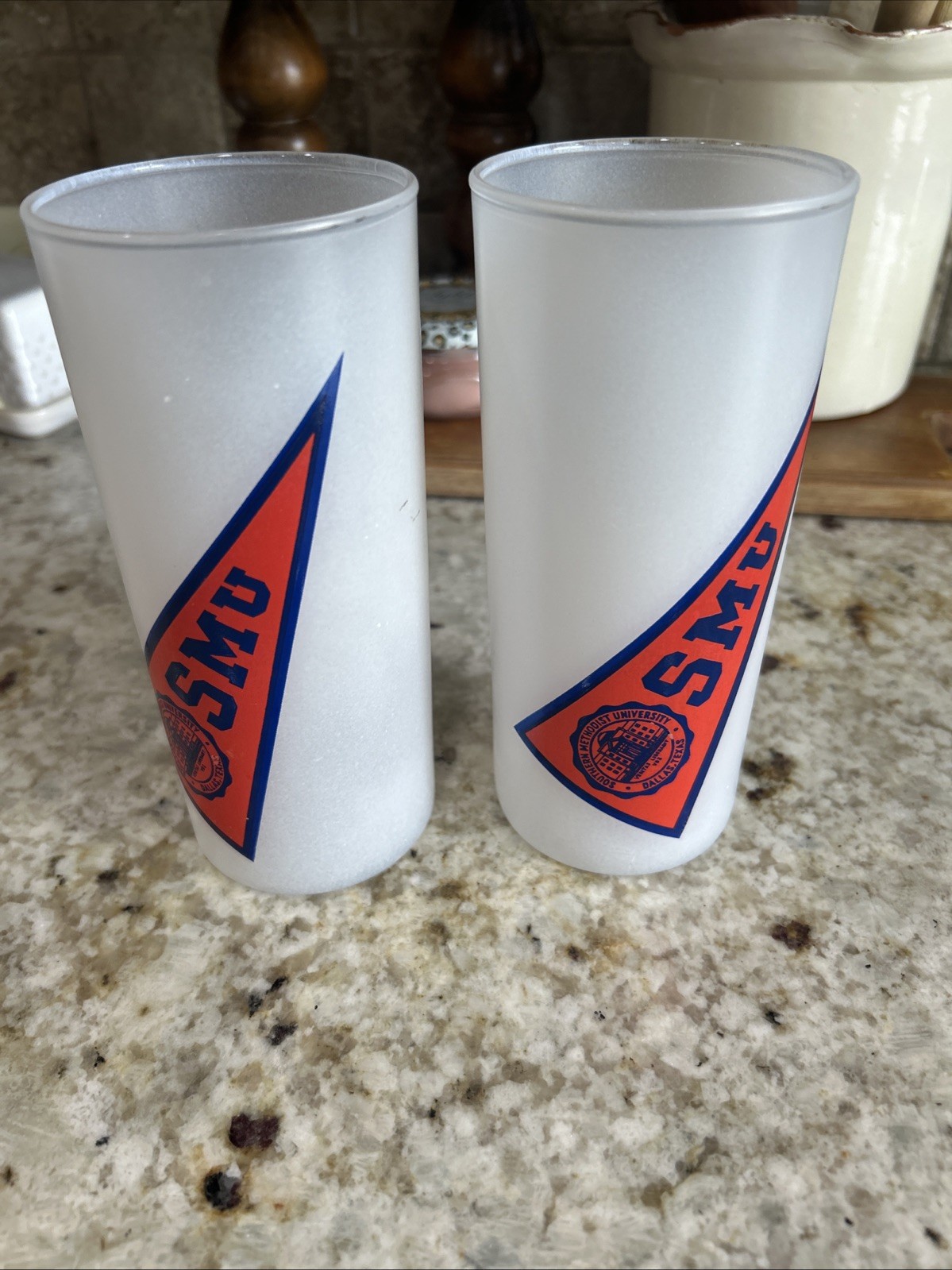 SOUTHERN METHODIST UNIVERISTY SMU Pair OfVtg Frosted Highball Glass Dallas Texas