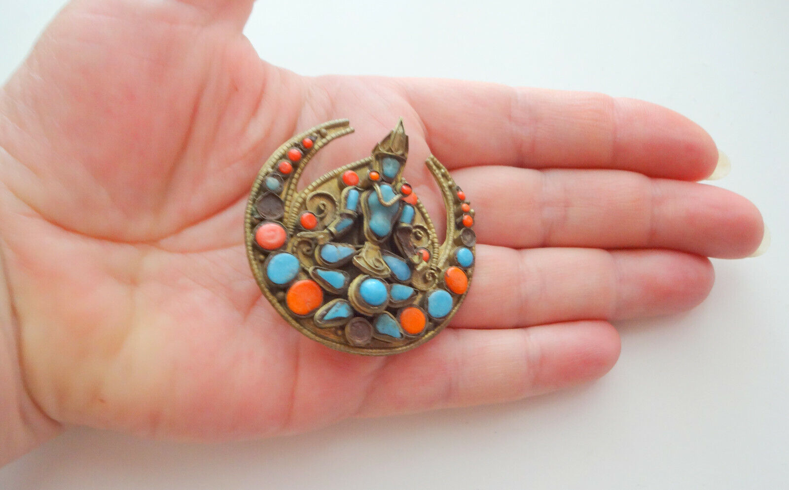Antique Vtg Tibetan Goddes Pin Brooch Turquoise Coral Buddha Brass Crescent Moon