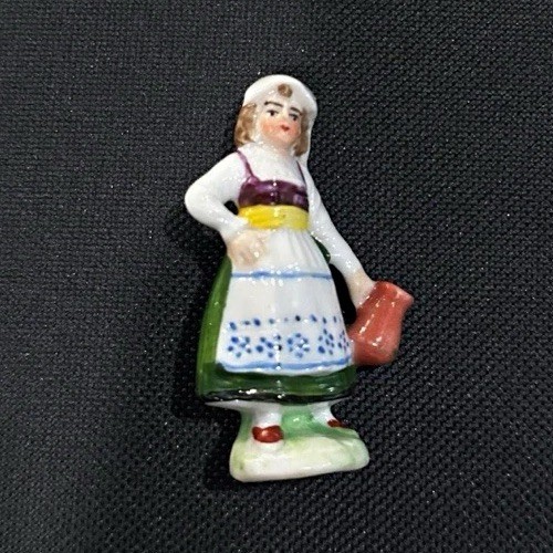 Vintage Miniature Porcelain Girl Figurine in Folk Dress Carrying Water Pitcher 2