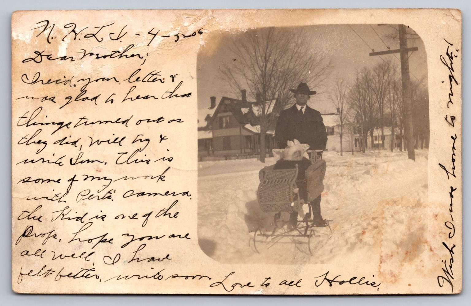 1906 RPPC Brattleboro VT Man Wicker Baby Carriage Snow Real Photo Postcard