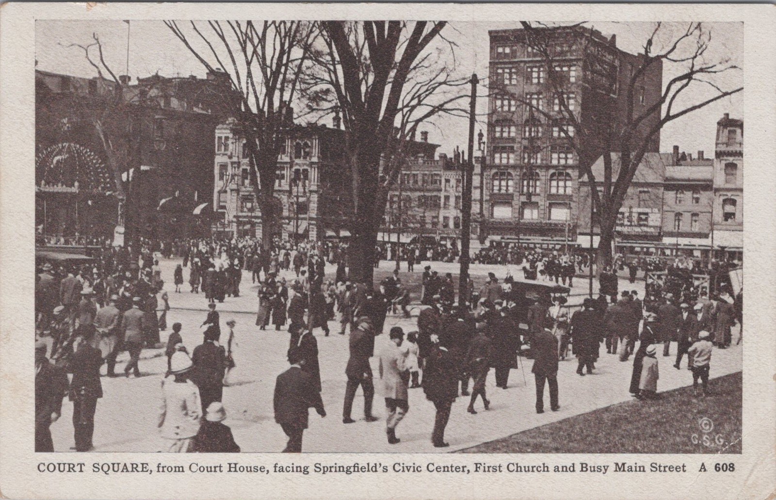 Court Square Main Street Springfield MA Crowd Highland Station 1913 Postcard