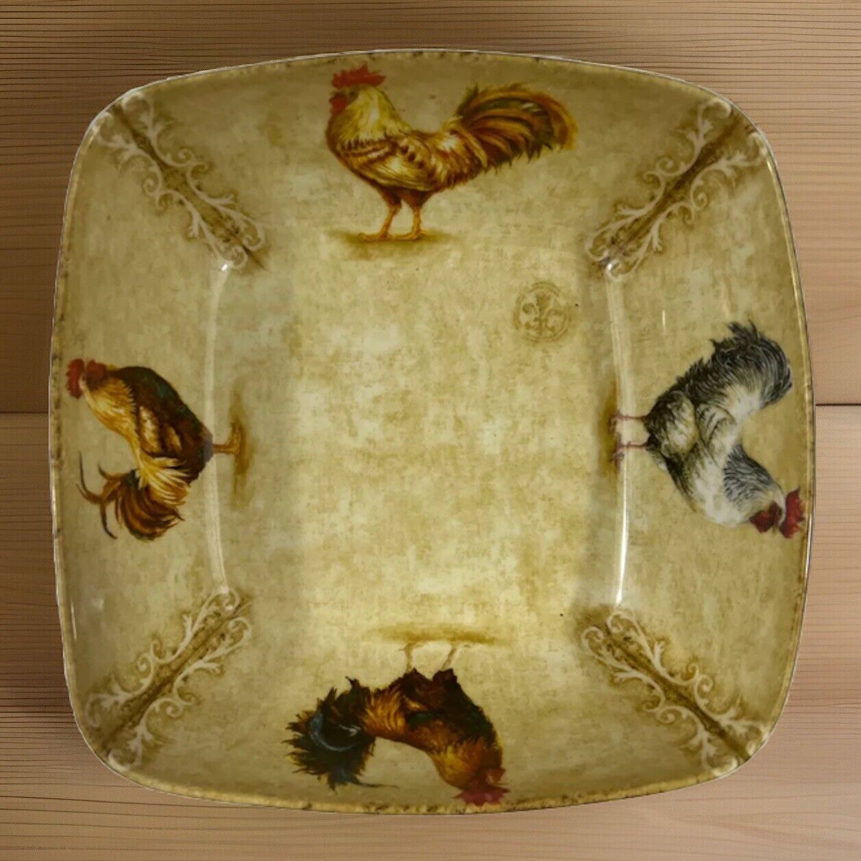 222 Fifth Rustic Rooster Porcelain Large Deep Dish 10” Square Serving Bowl EUC