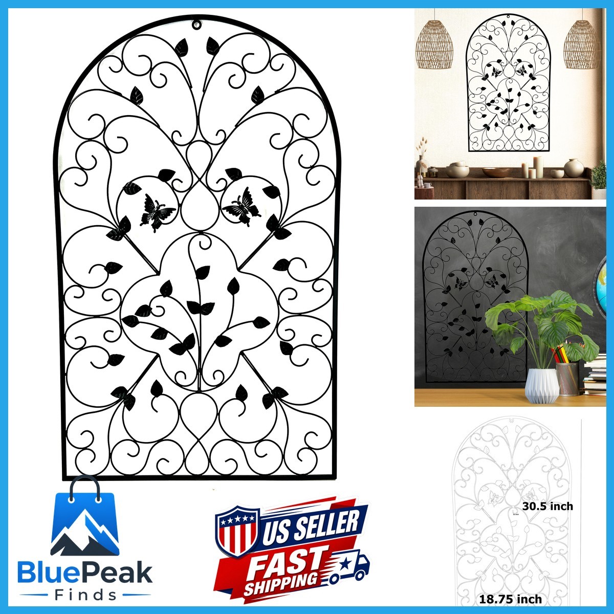 Bellaa 23196 Metal Wall Art 3D Wrought Iron Spanish Arch 31 inch Butterfly
