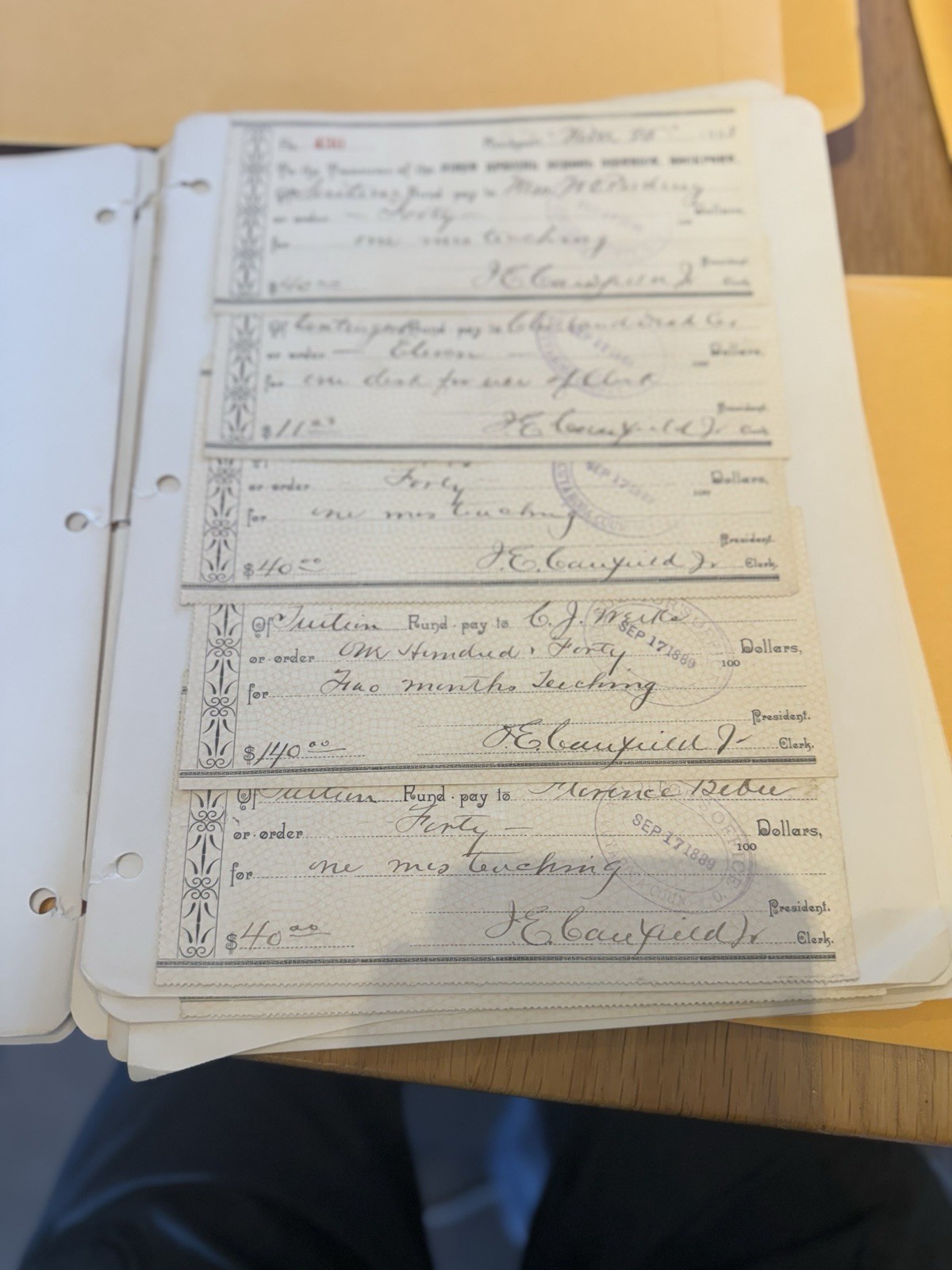 1888–1889 Rockport Ohio School Warrants Lot Antique Teacher Pay Checks Ephemera