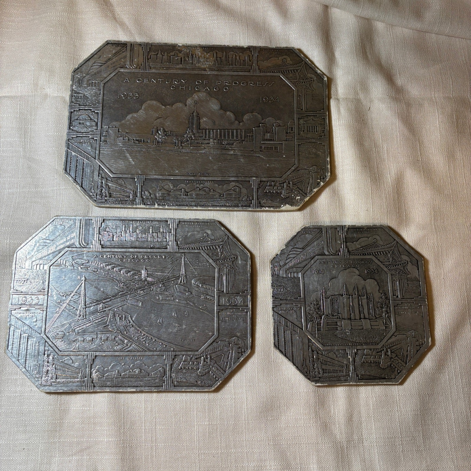 1933 Chicago World\'s Fair Century Progress Trivets Souvenir Trays Set of 3