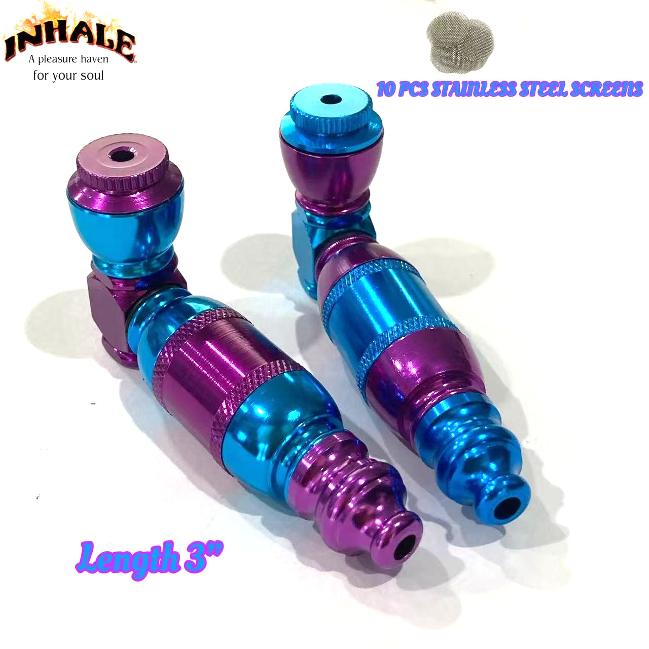 INHALE®️ 2 PCS LARGE CHAMBER metal Tobacco smoking Pipe w STAINLESS STEEL screen