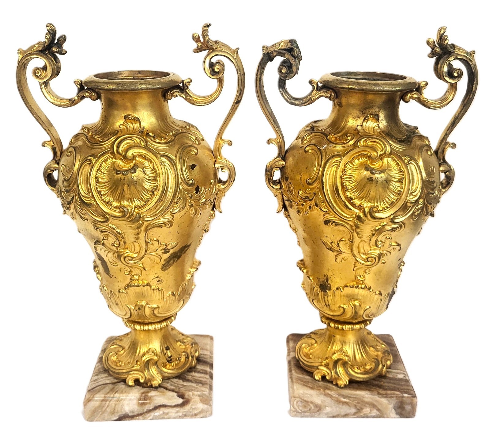 PAIR Antique FRENCH 19th C ROCOCO Gilt BRONZE Urns BARBEDIENNE VASE on Marble PAIR Antique FRENCH 19th C ROCOCO Gilt BRONZE Urns BARBEDIENNE VASE on Marble