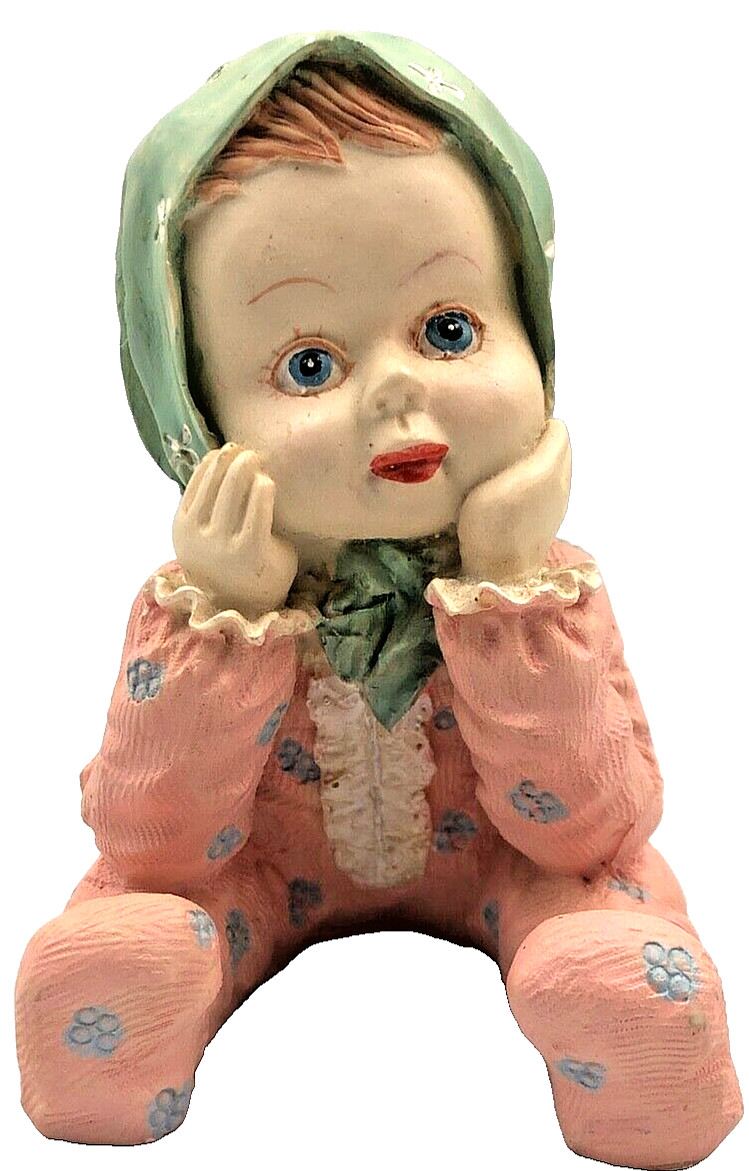 Vintage Resin Seated Infant Figurine Blue Eyes Pink Romper Textured 4\