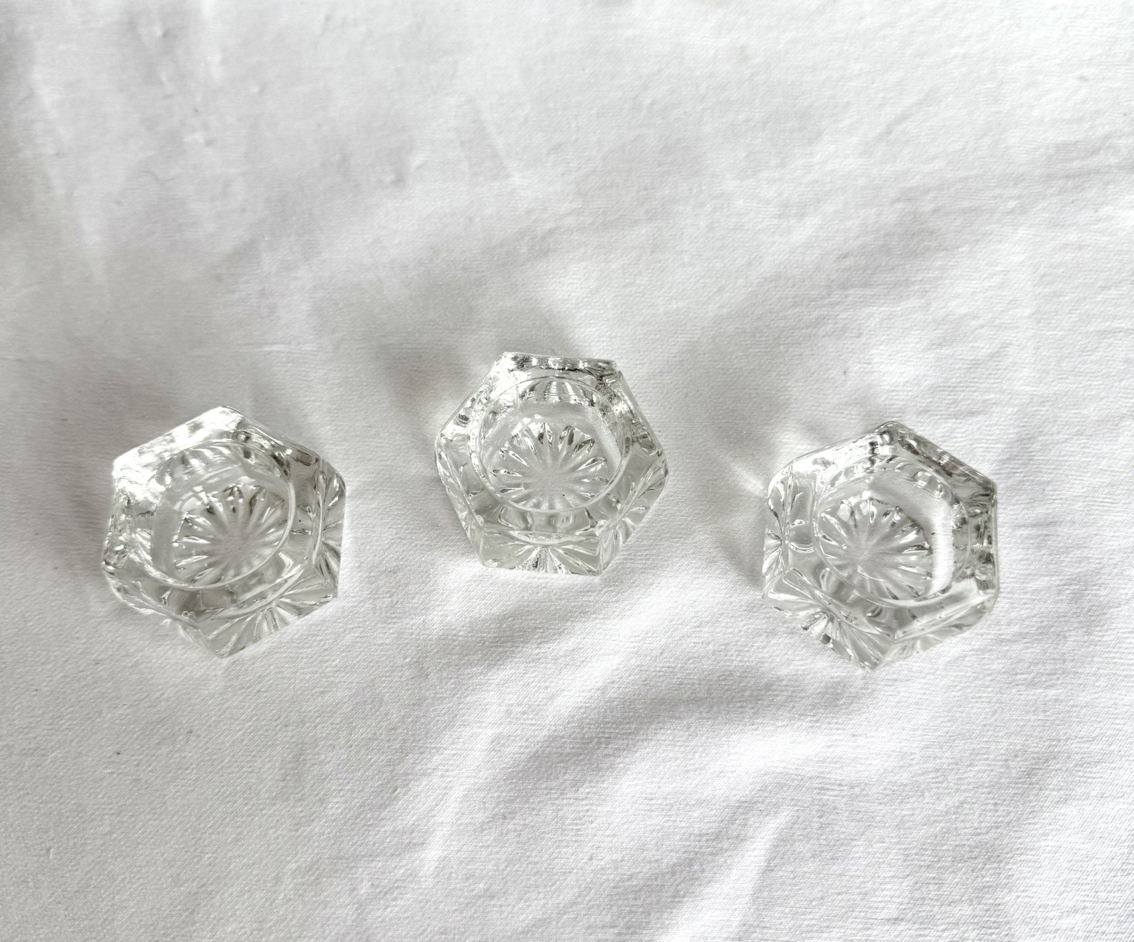Antique Hexagon Crystal Starbust Open Salt Cellar Dip Dish Set of 3 Clear Glass