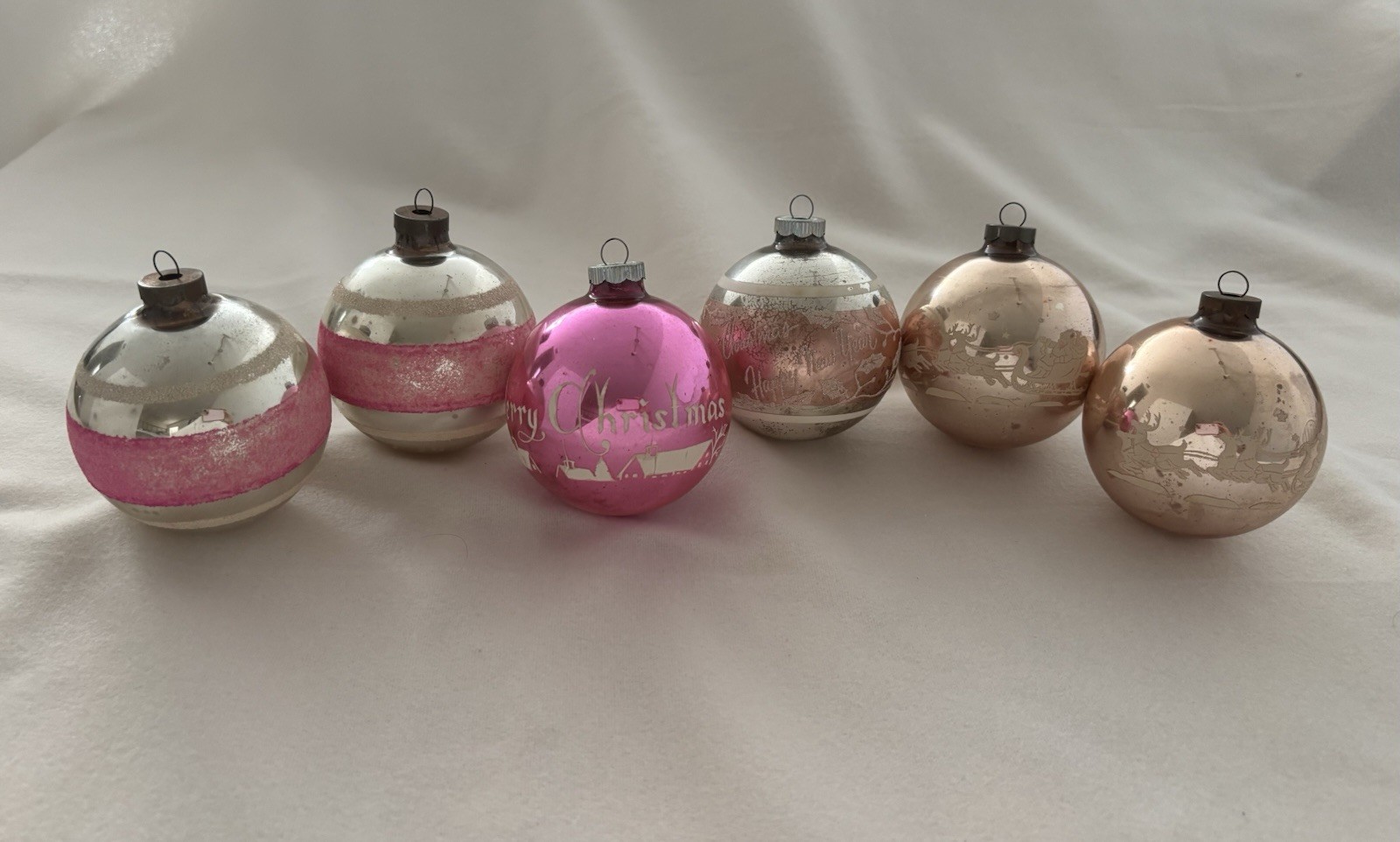 Vintage pink Jumbo Ornaments Set of 6 Shiny Bright Round Stenciled & striped 3” Vintage pink Jumbo Ornaments Set of 6 Shiny Bright Round Stenciled & striped 3”