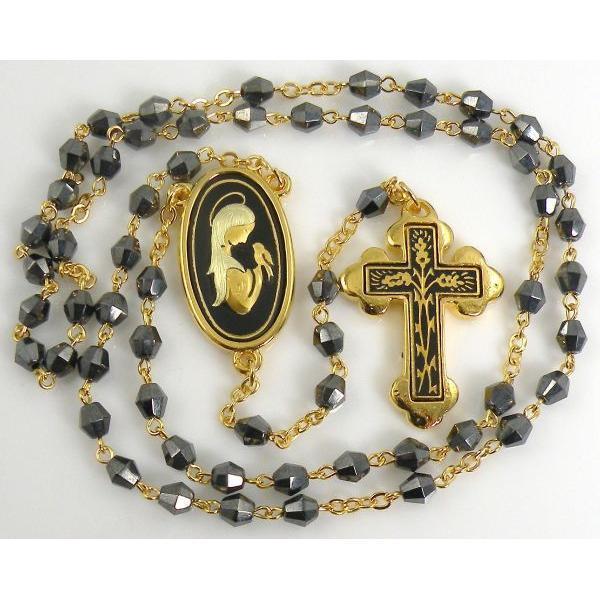 Damascene Gold Rosary Cross Virgin Mary Black Beads by Midas of Toledo Spain