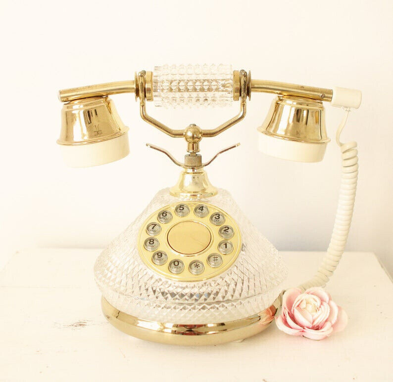 Rotary style telephone, Gold and yellow Vintage crystal look phone Art Decor Rotary style telephone, Gold and yellow Vintage crystal look phone Art Decor