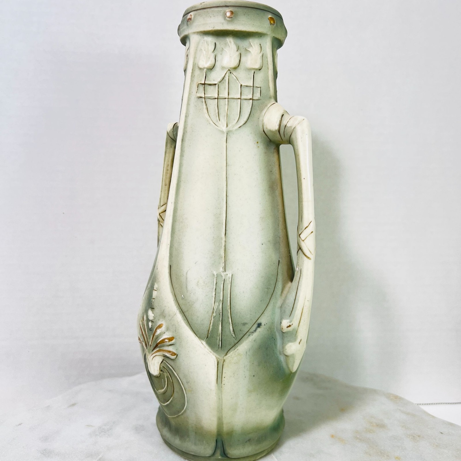 Art Nouveau Ceramic Bud Vase Green Gray 1900 Twin Handles 10\