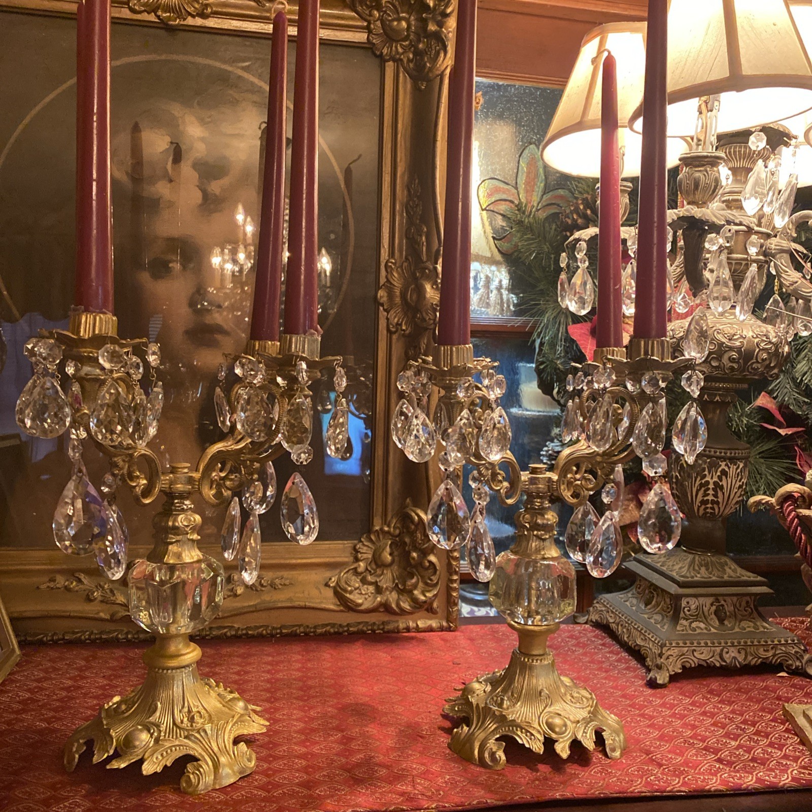 Vintage PAIR Brass 4 Arm Hollywood Regency Candelabras- Prisms- Gorgeous Vintage PAIR Brass 4 Arm Hollywood Regency Candelabras- Prisms- Gorgeous