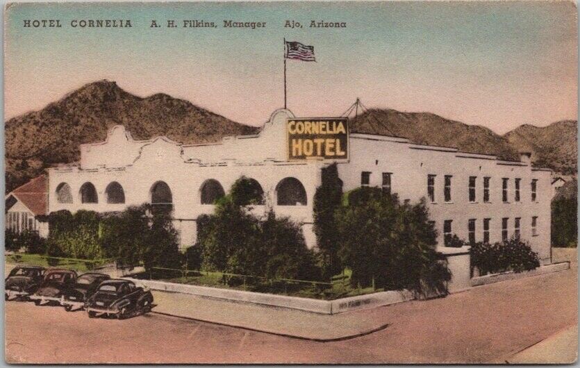 Vintage 1940s AJO, Arizona Postcard HOTEL CORNELIA Hand-Colored Albertype UNUSED