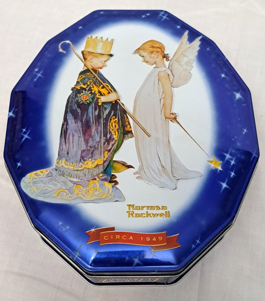 Vtg Snickers Norman Rockwell Wiseman Angel Octagon Christmas Tin Circa 1949 Blue