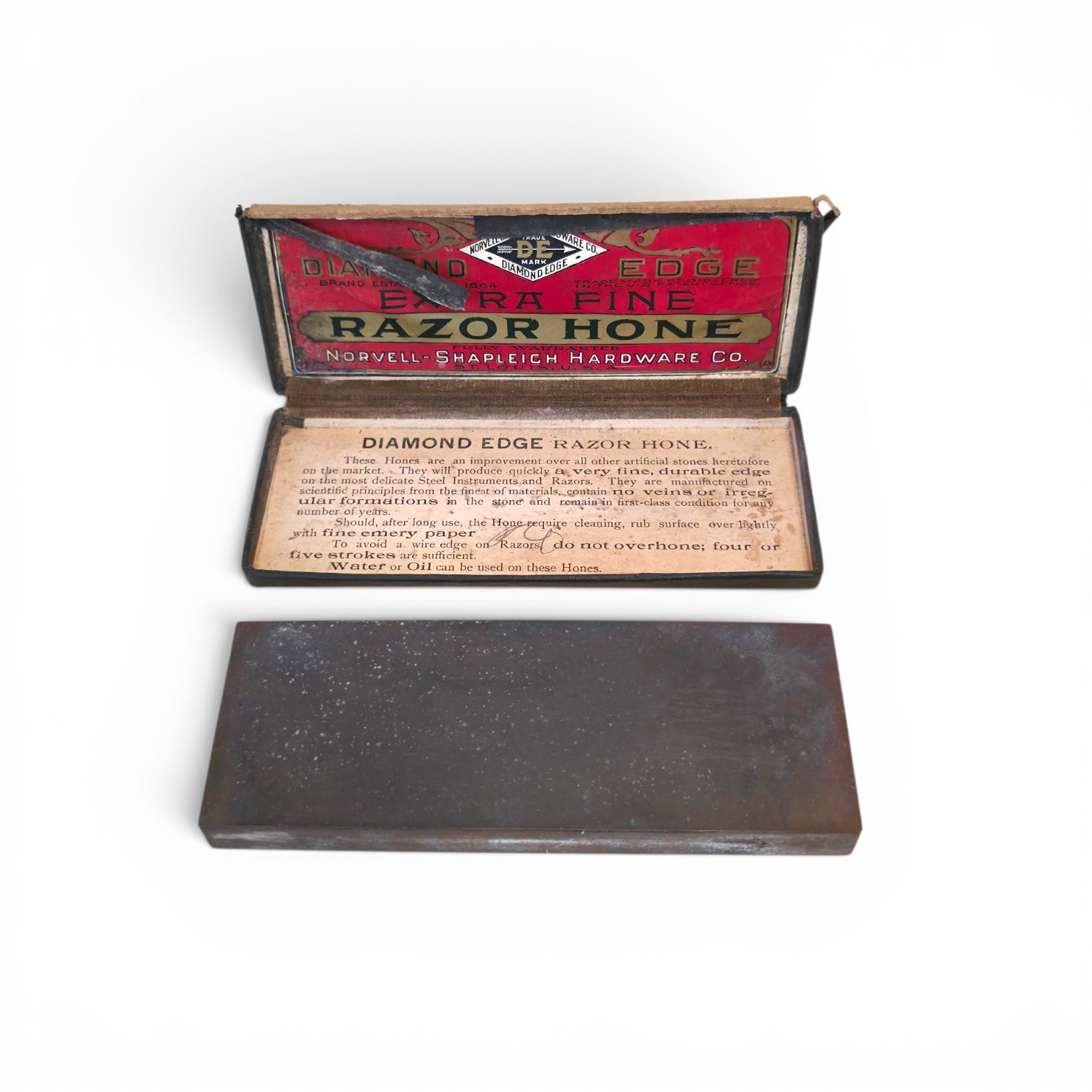 Antique Diamond Edge Extra Fine Razor Hone Stone & Box Norvell-Shapleigh Barber