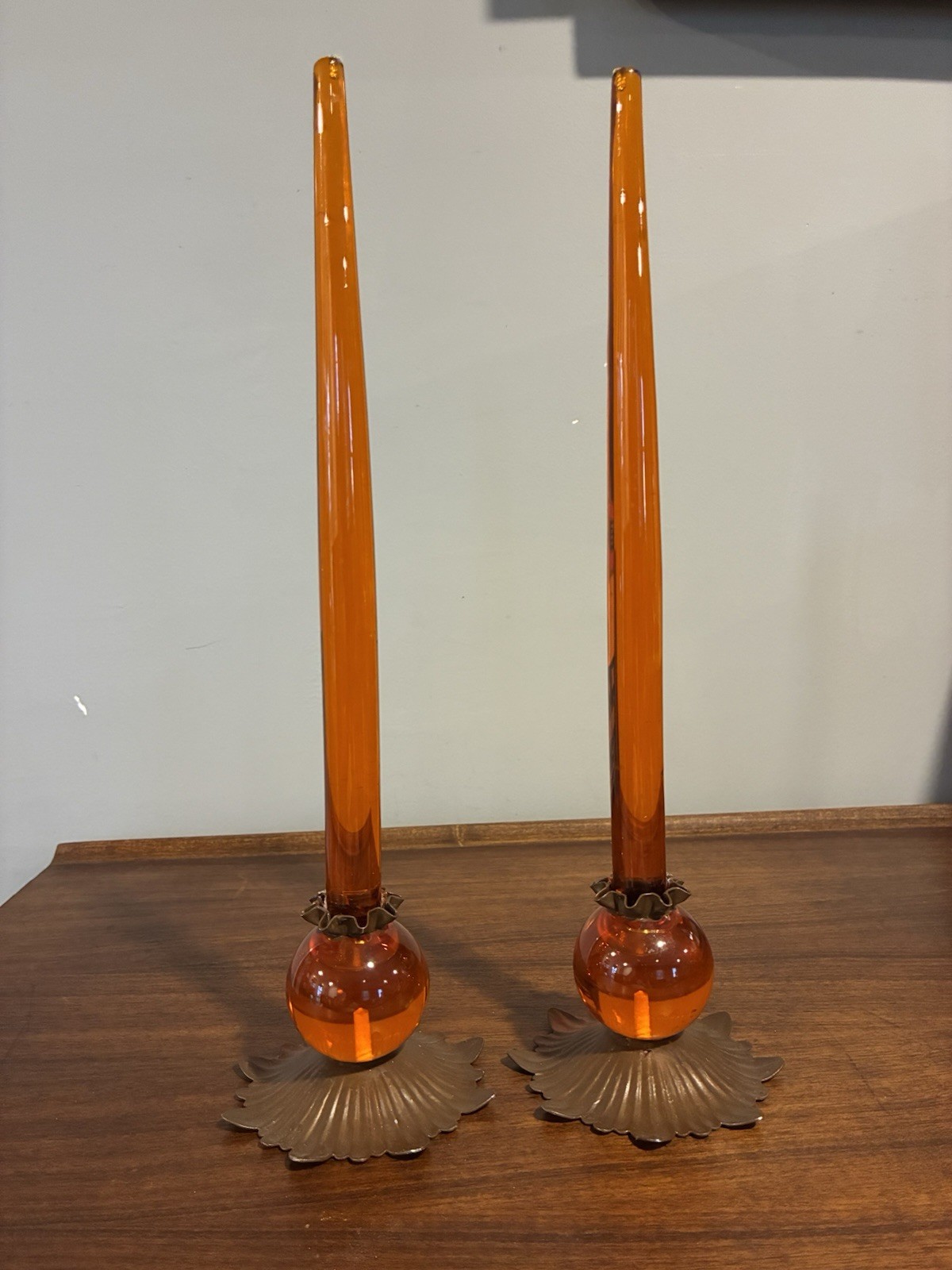 Vintage MCM Orange Lucite Balls Candle Holders & Lucite Taper Candle Sticks Pair