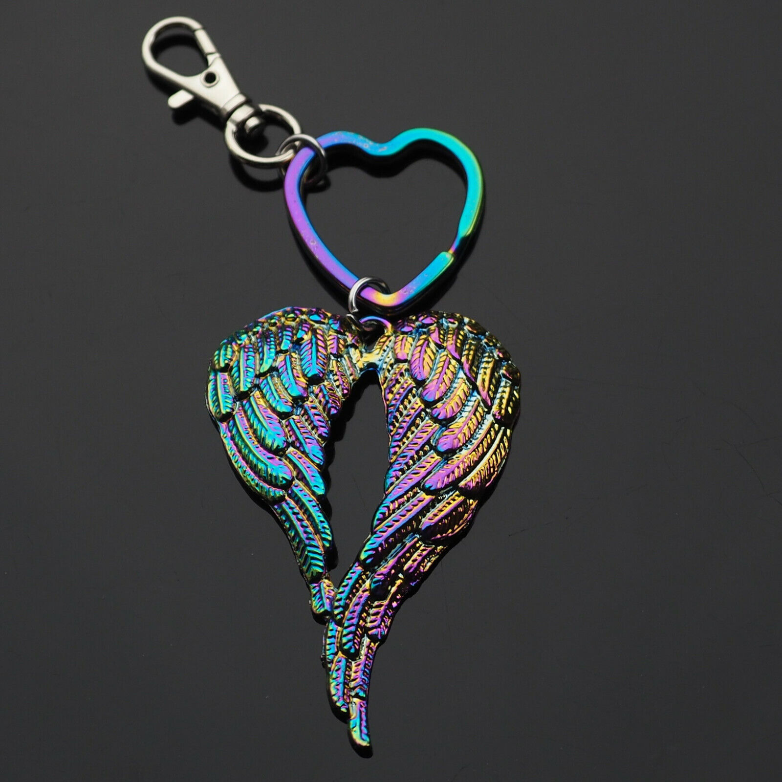 Angel Wings Feathers Rainbow Neon Keychain Pendant Heart Shaped Key Ring Clip