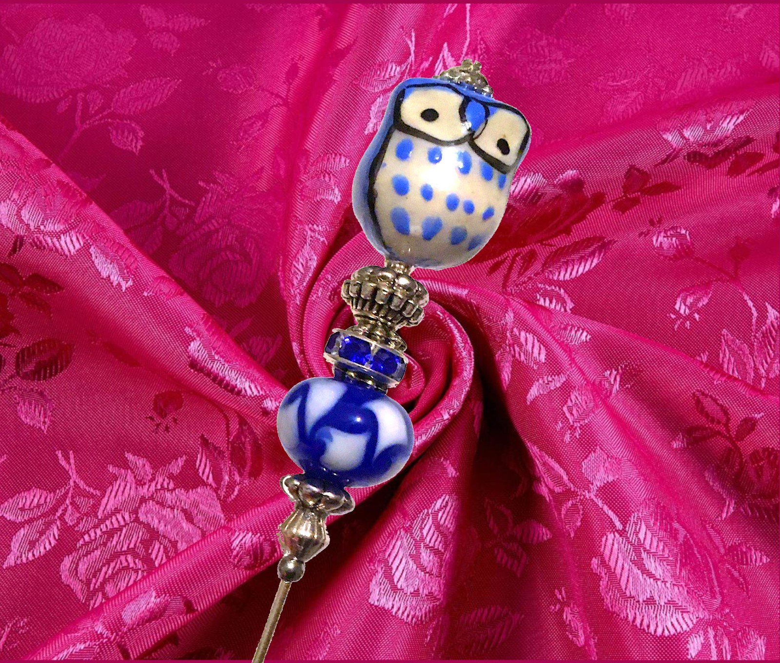 Handmade Ceramic Owl Hatpin: Light Blue Delft Bead, Rhinestone Accent. 8” Silver