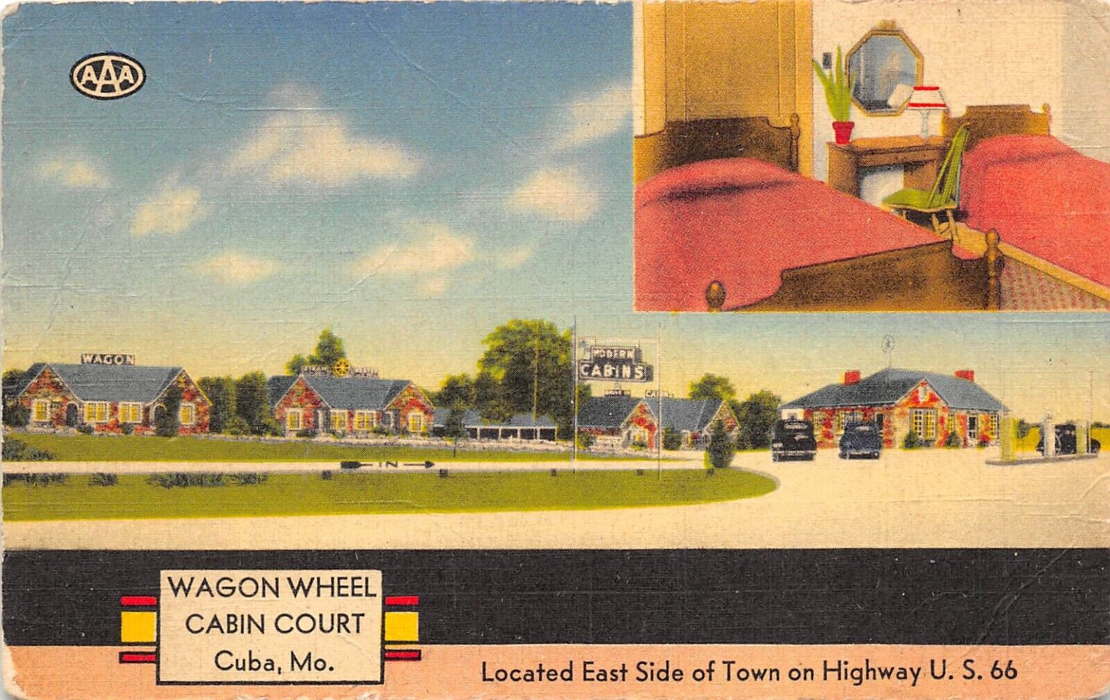 Cuba Missouri 1940s Postcard Wagon Wheel Cabin Court Motel ROUTE 66