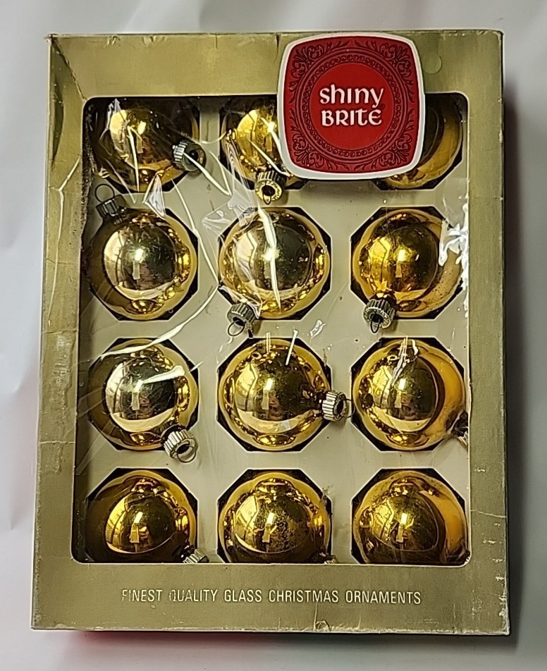 12 Shiny Brite Vintage Gold Murcury Glass Christmas Tree Ornaments Original Box