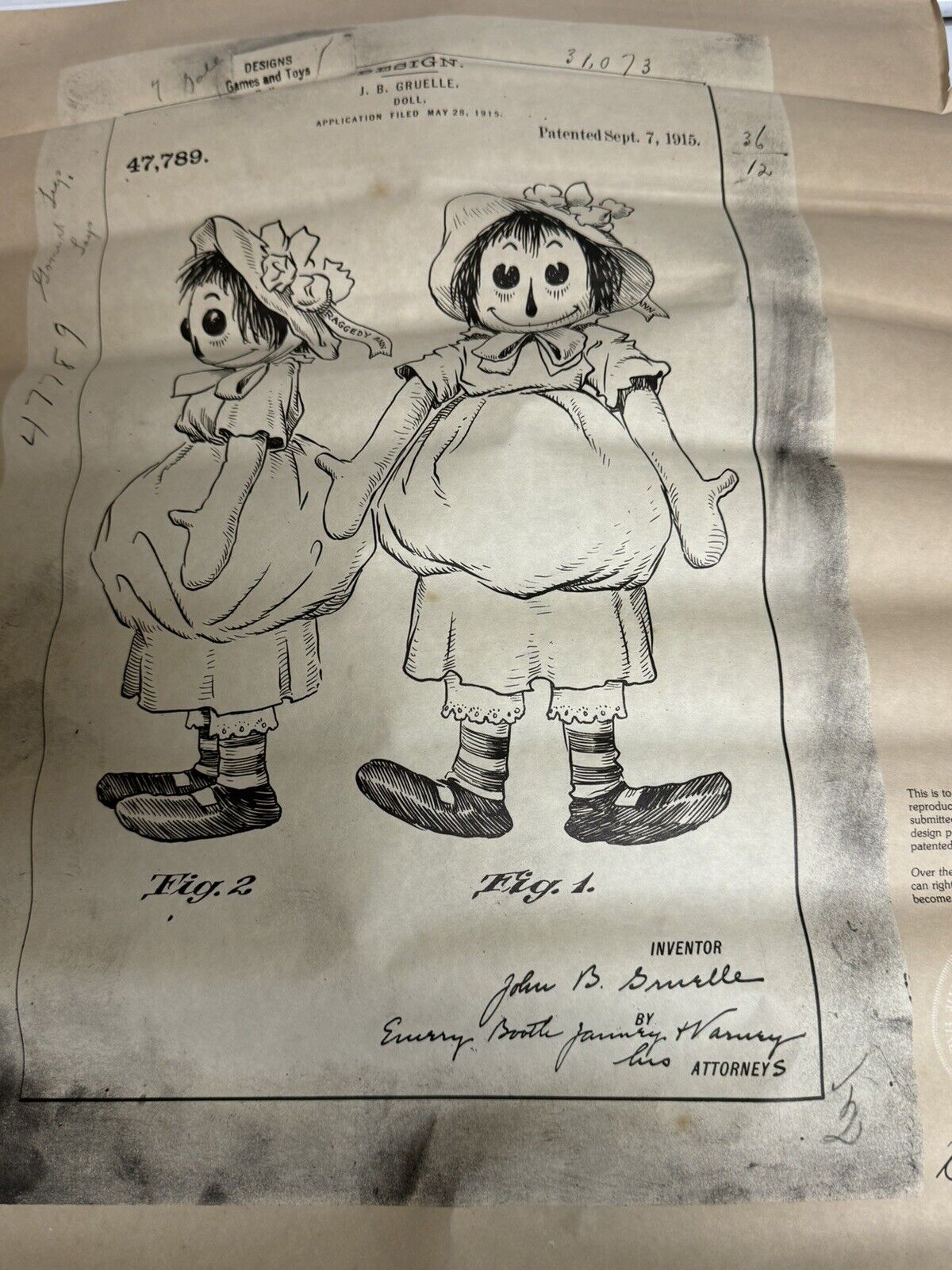 Raggedy Ann And Andy Stamped Certified Reproduction Of Drawing Patent