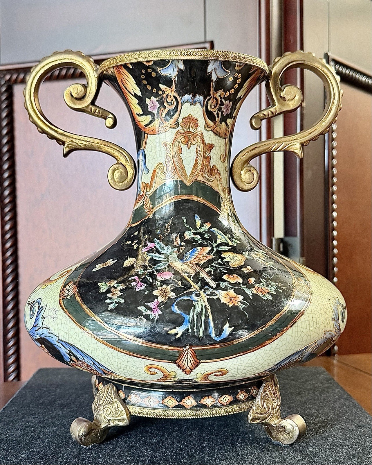Chinese Satsuma-Style Porcelain Vase, Hand-Painted Birds & Flowers -Gilt Handles Chinese Satsuma-Style Porcelain Vase, Hand-Painted Birds & Flowers -Gilt Handles