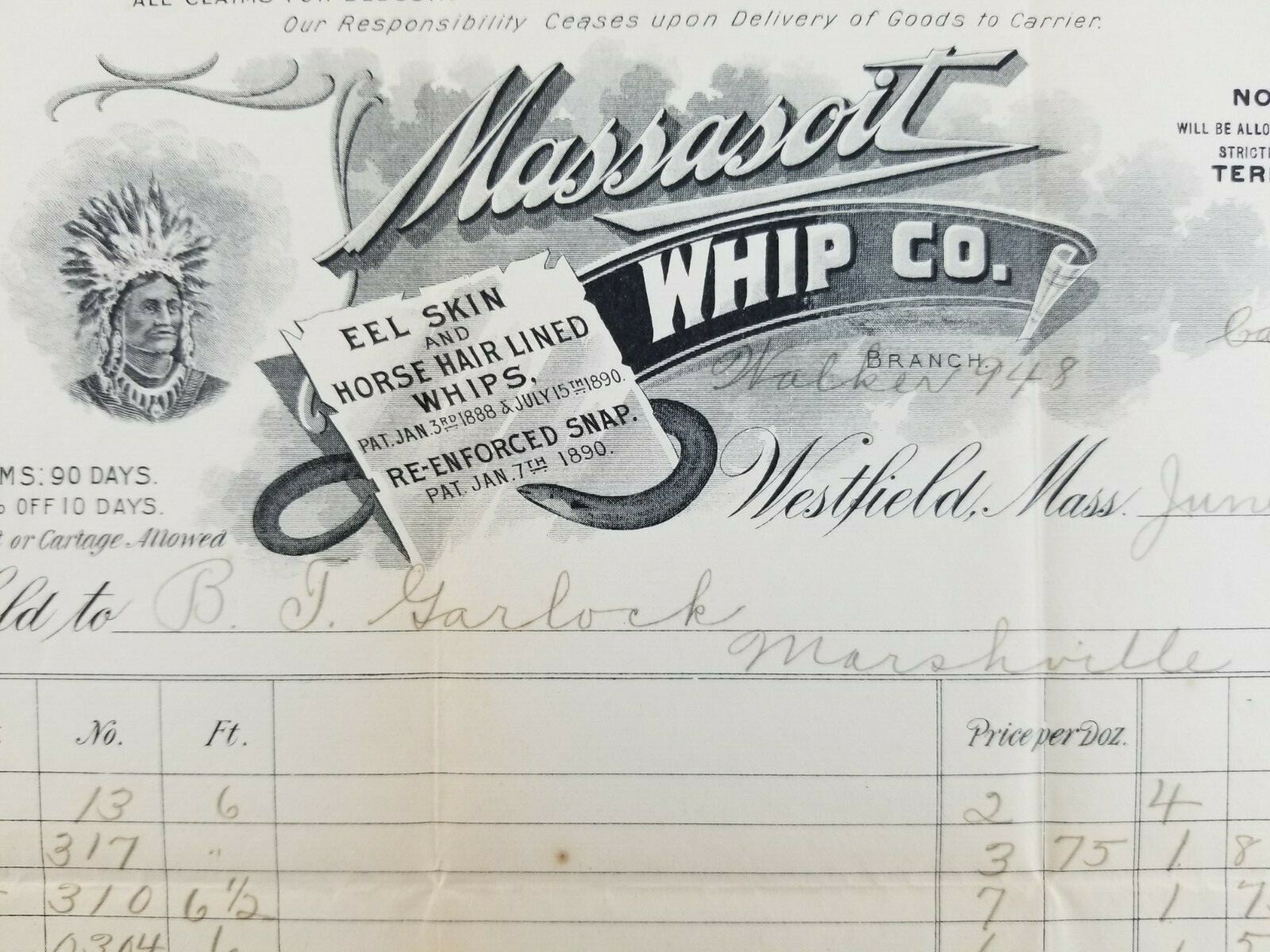 Vintage 1908 Massasoit Indian Whip Company Westfield Massachusetts Billhead