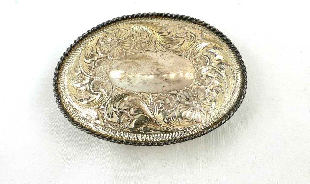Large Mexican Sterling Silver Oval Belt Buckle with Scrolls and Flowers