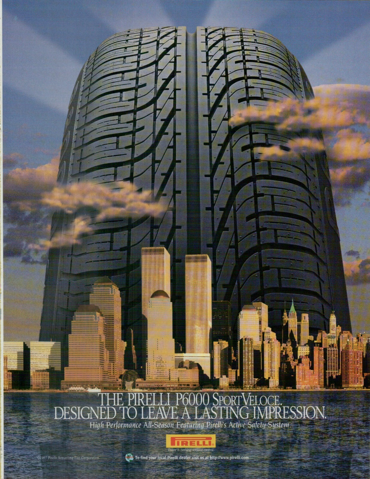 1997 Pirelli High Performance Tires World Trade Center Photo VINTAGE PRINT AD
