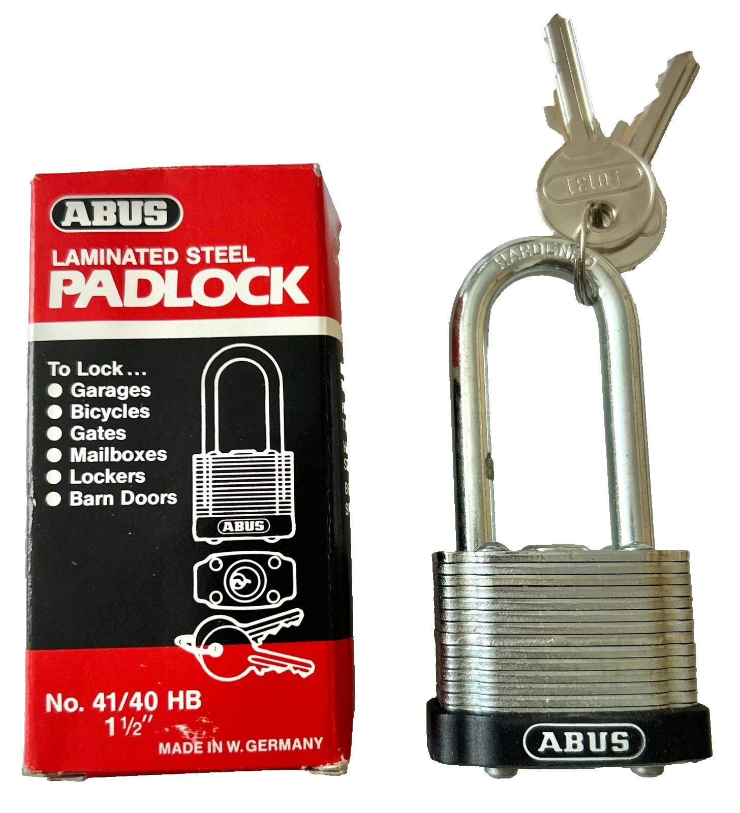 ABUS 41/40 HB Laminated Steel Padlock 40mm 1-1/2 in Long Shackle Germany NOS