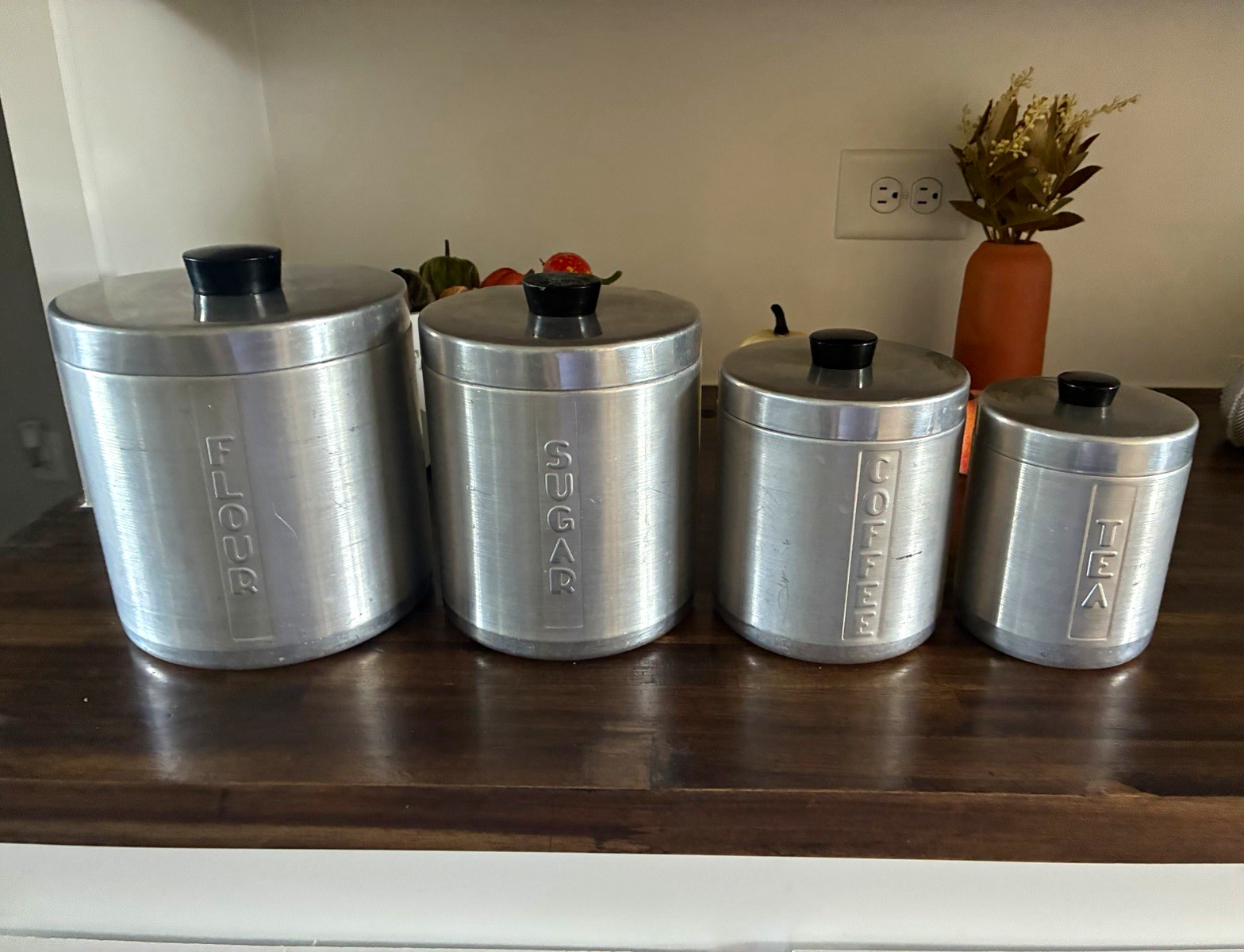 4pc Vintage Mid Century Spun Aluminum Kitchen Canister Set w/ Lids